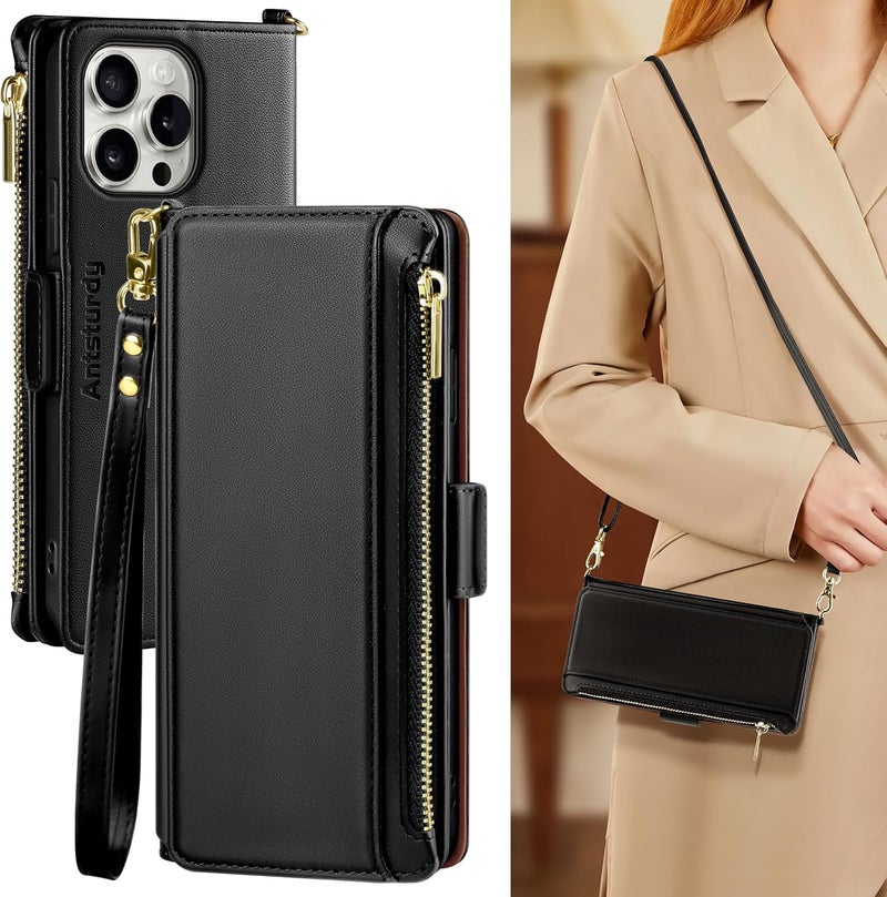 Antsturdy Compatible with iPhone 16 Pro Max Wallet Case for Women【RFID Blocking】 Crossbody Phone Case PU Leather Zipper with Wrist Strap Flip Cover Credit Card Holder for Apple 16 Pro Max,Black - Image 1